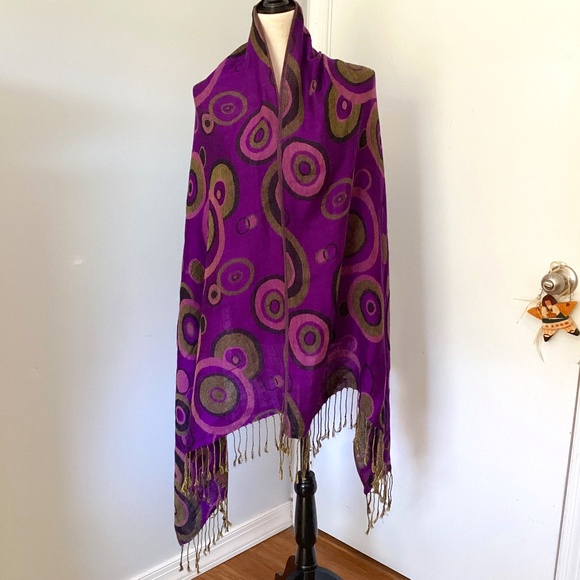 Accessories - VINTAGE WOMAN JAQUARD SCARF SHAWL PURPLE OLIVE GEOMETRIC FRINGE